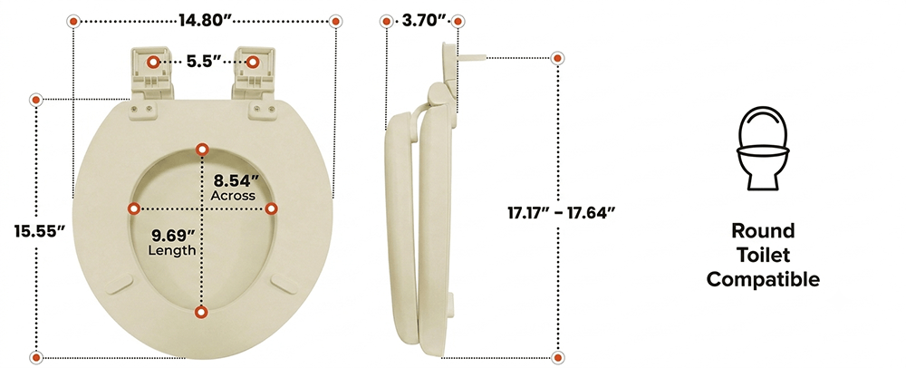 White round toilet seat dimensions and universal fit illustration