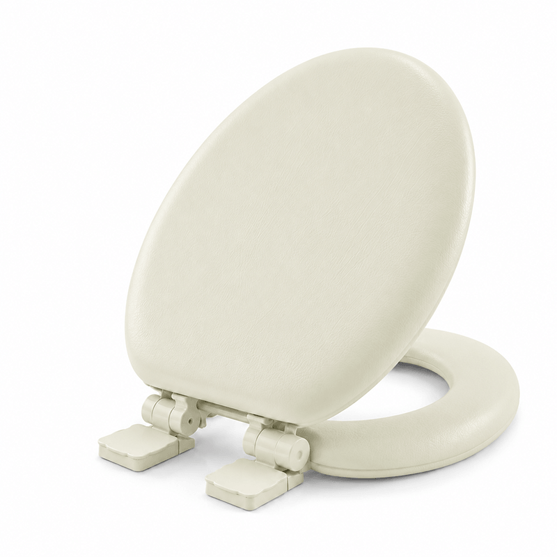 Durable round cushioned toilet seat with reinforced hinges