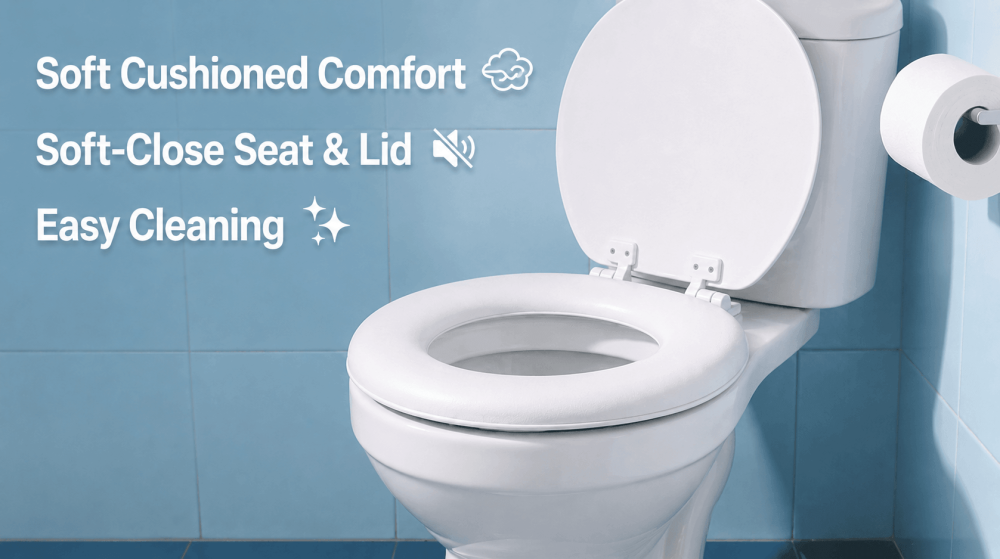 Plexon round soft cushioned toilet seat bone with soft-close lid in bathroom