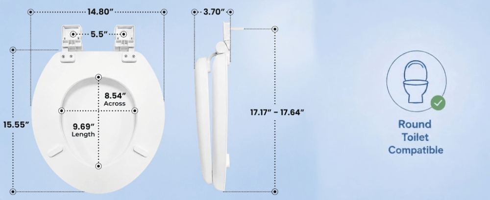 White round toilet seat dimensions and universal fit illustration