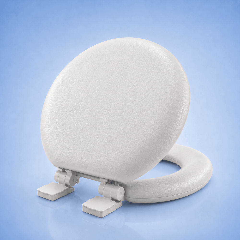 Durable round cushioned toilet seat with reinforced hinges