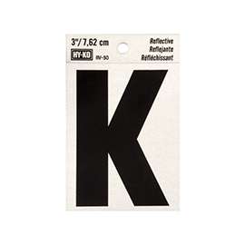 HY-KO RV-50/K Reflective Letter, Character: K, 3 in H Character, Black Character, Silver Background, Vinyl
