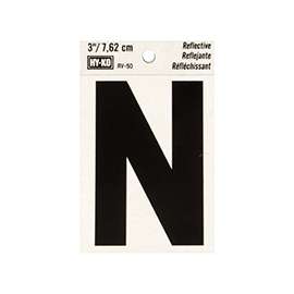 HY-KO RV-50/N Reflective Letter, Character: N, 3 in H Character, Black Character, Silver Background, Vinyl