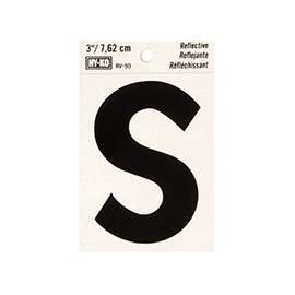 HY-KO RV-50/S Reflective Letter, Character: S, 3 in H Character, Black Character, Silver Background, Vinyl