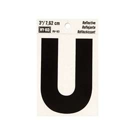 HY-KO RV-50/U Reflective Letter, Character: U, 3 in H Character, Black Character, Silver Background, Vinyl