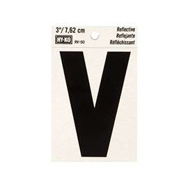 HY-KO RV-50/V Reflective Letter, Character: V, 3 in H Character, Black Character, Silver Background, Vinyl