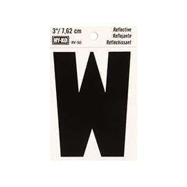 HY-KO RV-50/W Reflective Letter, Character: W, 3 in H Character, Black Character, Silver Background, Vinyl