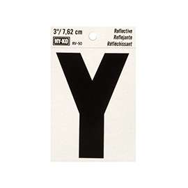 HY-KO RV-50/Y Reflective Letter, Character: Y, 3 in H Character, Black Character, Silver Background, Vinyl