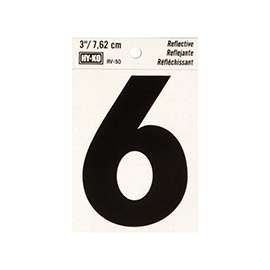 HY-KO RV-50/6 Reflective Sign, Character: 6, 3 in H Character, Black Character, Silver Background, Vinyl