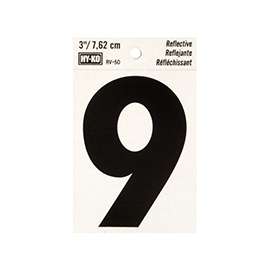 HY-KO RV-50/9 Reflective Sign, Character: 9, 3 in H Character, Black Character, Silver Background, Vinyl