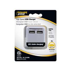 PowerZone ORUSB340 AC Compact USB Charger with Light, 2 -USB Port, 2 -Outlet, White