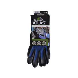 ATLAS 380S-06.RT Lightweight Coated Gloves, S, 8-21/32 to 10-15/64 in L, Elastic Cuff, Nitrile Foam Coating, Black/Blue