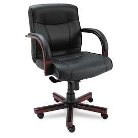 Alera Madaris Series Mid-Back Knee Tilt Leather Chair with Wood Trim, Supports up to 275 lbs., Black Seat/Back, Mahogany Base