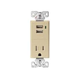 Eaton Cooper Wiring TR7740V-K Combination USB Receptacle, 2 -Pole, 0.7 A USB, 15 A Receptacle, 2 -USB Port, Ivory