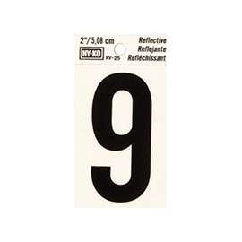 HY-KO RV-25/9 Reflective Sign, Character: 9, 2 in H Character, Black Character, Silver Background, Vinyl