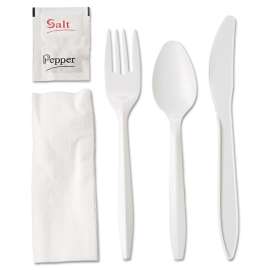 Wrapped Cutlery Kit, Fork/Knife/Spoon/Napkin/Salt/Pepper, White, 250/Carton