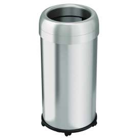 Open Top Trash Can with Wheels, Round, 16 gal, Plastic/Stainless Steel, Silver