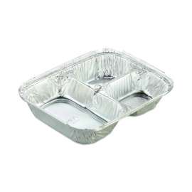 Aluminum Oblong Container with Lid, 3-Compartment, 24 oz, 8.5 x 6.38 x 1.47, Silver, 500/Carton
