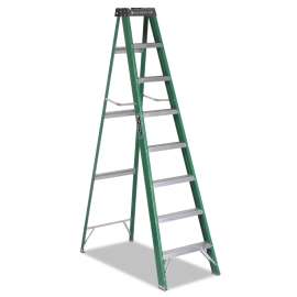 Fiberglass Step Ladder, 8 ft Working Height, 225 lbs Capacity, 7 Step, Green/Black