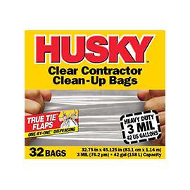 Husky HC42WC032C Clean-Up Trash Bag, 42 gal Capacity, Polyethylene, Clear