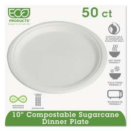 Compostable Sugarcane Dinnerware, 10" Plate, Natural White, 50/Pack, 10 Pk/Ctn