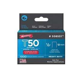 Arrow T50 Series 508SS1 Flat Crown Staple, 3/8 in W Crown, 1/2 in L Leg