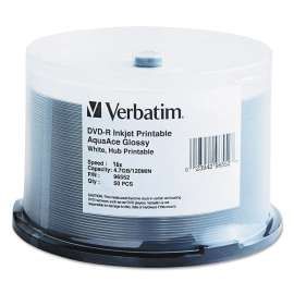 AquaAce DVD-R, 4.7GB, 16X, Glossy Inkjet Printable, Hub Printable, 50/PK Spindle
