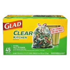 Recycling Tall Kitchen Drawstring Trash Bags, 13 gal, 0.9 mil, 24" x 27.38", Clear, 45/Box