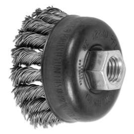 Mini Knot Cup Brush, 2 3/4 in Dia., 5/8-11 Arbor, .02 in Stainless Steel Wire