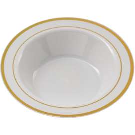 PLEXWARE 120 Pcs Round White Bowls with Golden Swirl Rim 7.5" Disposable Soup Bowls for Wedding/Party