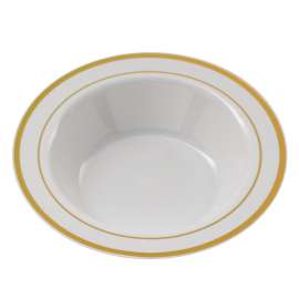 PLEXWARE 120 Pcs Round White Bowls with Golden Rim, 7.5" Disposable Soup Bowls, Heavy Duty Plastic Dessert Bowls for Wedding/Party