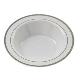 PLEXWARE 120 Pcs Round White Bowls with Silver Rim, 7.5" Disposable Soup Bowls, Heavy Duty Plastic Dessert Bowls for Wedding/Party