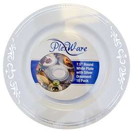 PLEXWARE 120 Pcs Round White Bowls with Silver Ornament, 7.5" Disposable Soup Bowls, Heavy Duty Plastic Dessert Bowls for Wedding/Party