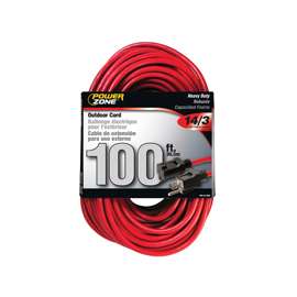 PowerZone Extension Cord, 14 AWG Cable, 100 ft L, 13 A, 125 V, Red