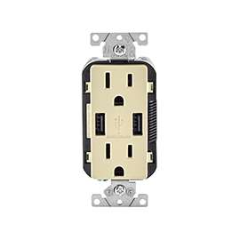 Leviton R01-T5632-0BI Combination USB Receptacle, 2 -Pole, 3.1 A USB, 15 A Receptacle, 125 VAC Receptacle, 5 VDC USB