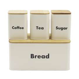Plexon Bread Box for Kitchen Countertop with 3 Coffee Tea Sugar Canisters, Metal 4-Piece Bread Box Set with Bamboo Cutting Board Lid, Beige