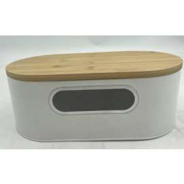 Plexon Bread Box for Kitchen Countertop with Bamboo Cutting Board Lid, 13.2" x 7" x 4.8" Metal Bread Storage Container Bin, Beige