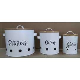 Plexon Vegetable Storage Tin Set of 3 with Wood Lids, Metal Onions, Garlic, Potatoes Jars, 3-Piece Storage Canister Set with Aerating Holes, White