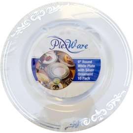PLEXWARE 120 Pcs White Heavy Duty Plastic Dessert Plates with Silver Ornament, 9 inch Disposable Salad Plates, Premium Catering Plates for Party/Wedding