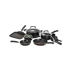 T-fal C530SC74 Cookware Set, Aluminum, Black, 12-Piece