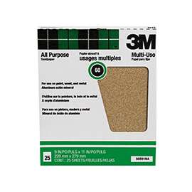 3M 88591 Sandpaper Sheet, 11 in L, 9 in W, Medium, 60 Grit, Aluminum Oxide Abrasive, Cloth Backing