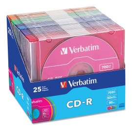 CD-R Discs, 700MB/80min, 52x, Slim Jewel Cases, Assorted Colors, 25/Pack