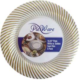 PLEXWARE 120 Pcs White Heavy Duty Plastic Dinner Plates with Golden Swirl Rim, 10.25 inch Disposable Dinner Plates, Premium Catering Plates for Party, White Plastic Plates for Wedding