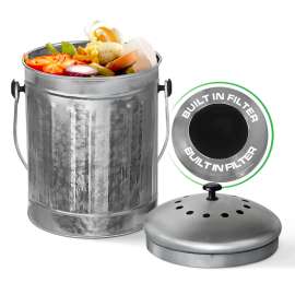 Plexon Countertop Compost Bin with Lid, Silver 1.5 Gallon Odorless Kitchen Compost Container, Steel Food Bucket Pail for Kitchen with Charcoal Filter, Silver