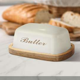 Plexon Off-White Farmhouse Butter Dish with Lid, Bamboo Butter Plate, Airtight Galvanized Steel & Bamboo, White, Rectangular, Has Lid
