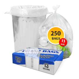 PLASTIC PRINCE (250 Pack) 13 Gallon Trash Bags, 12-16 Gallon Clear Kitchen Bags, 2 Mil, Heavy Duty, Fits Round and Square 12-16 gal Trash Cans, 24" x 31" Garbage Trash Can Liners