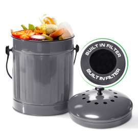Plexon Countertop Compost Bin with Lid, Gray 1.5 Gallon Odorless Kitchen Compost Container, Steel Food Compost Bucket for Kitchen with Charcoal Filter, Compost Pail for Kitchen Countertop