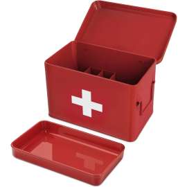 Plexon First Aid Kit, First Aid Supplies Bin, 8.5" Metal Medicine Storage Box with Lid, First Aid Kit Box Organizer, Red