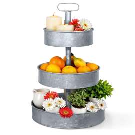 Plexon 3 Tiered Tray Stand, Metal Tiered Serving Tray, Round Seafood Tower, Centerpiece Three Tiered Serving Stand, Galvanized Steel Trays, Silver Farmhouse 3 Tier Stand for Fruit, Appetizer