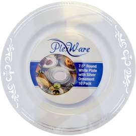 PLEXWARE 120 Pcs White Heavy Duty Plastic Dessert Plates with Silver Ornament, 7.5 inch Disposable Salad Plates, Premium Catering Plates for Party/Wedding
